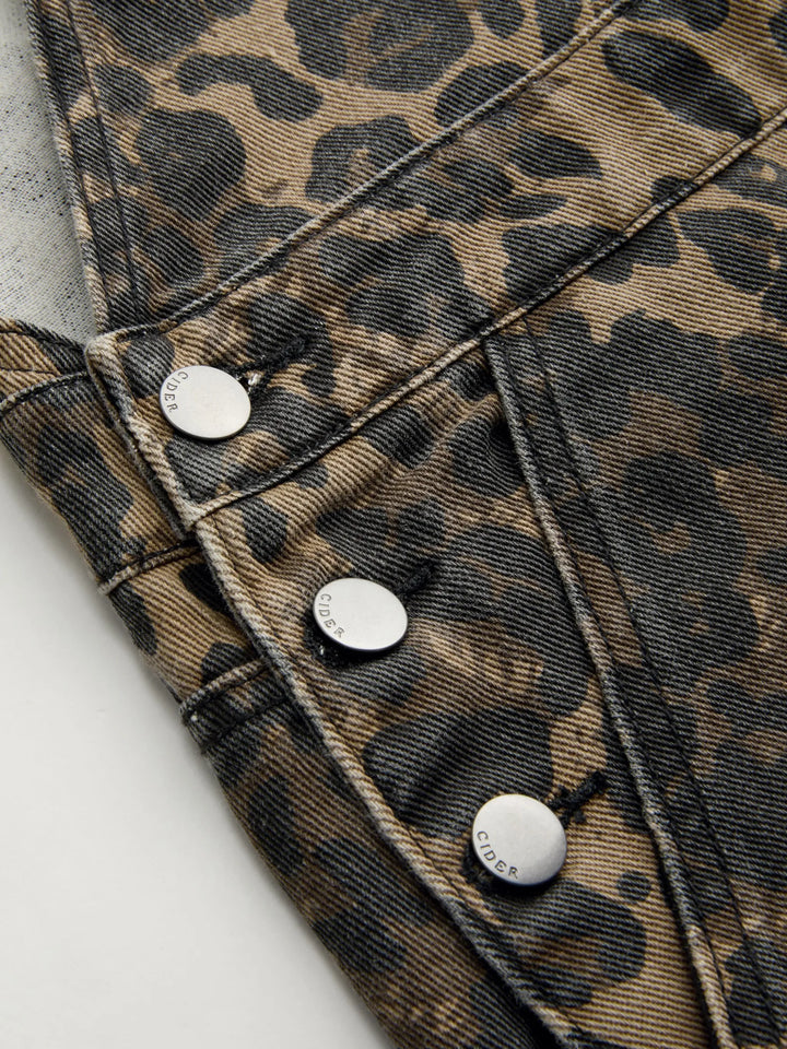 Wide-Leg Denim Jumpsuit with Buckle Closure and Leopard-Print Pocket