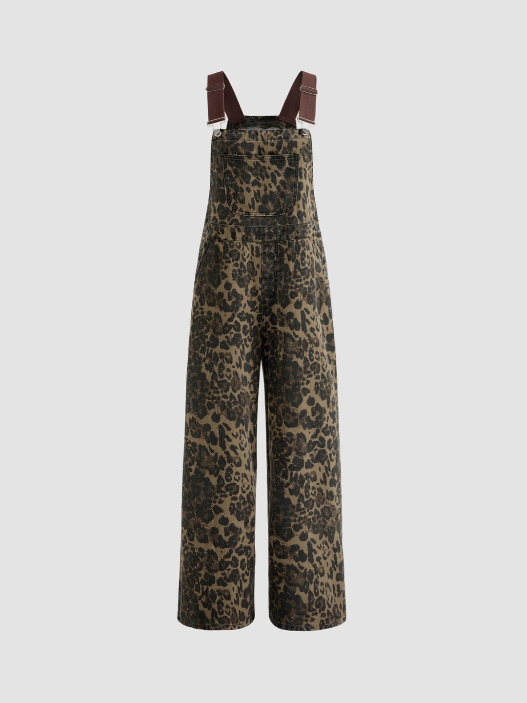 Wide-Leg Denim Jumpsuit with Buckle Closure and Leopard-Print Pocket
