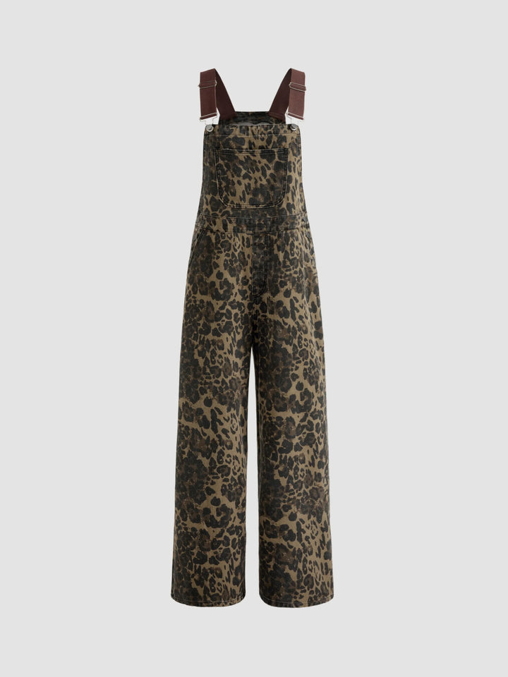 Wide-Leg Denim Jumpsuit with Buckle Closure and Leopard-Print Pocket