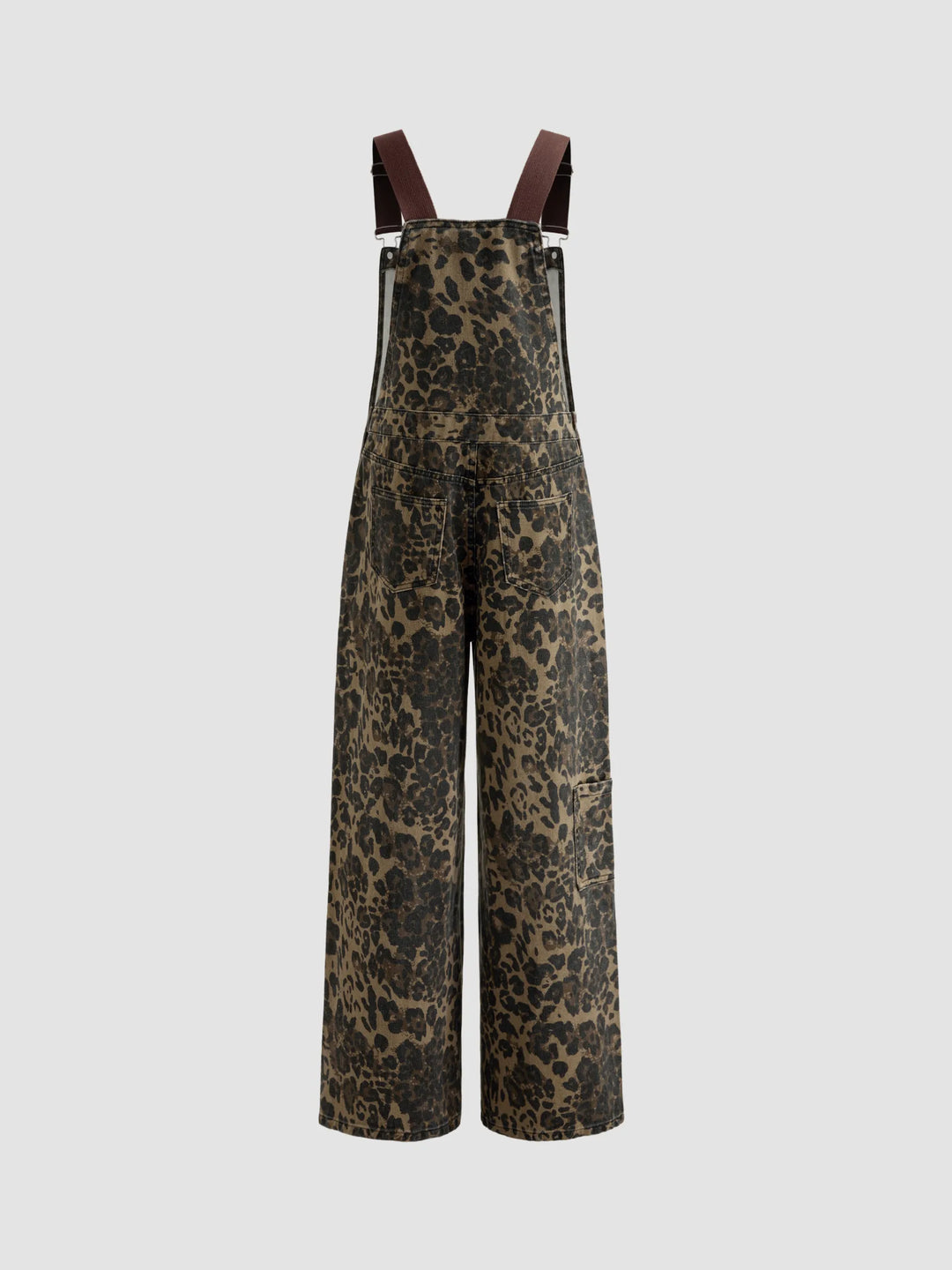 Wide-Leg Denim Jumpsuit with Buckle Closure and Leopard-Print Pocket