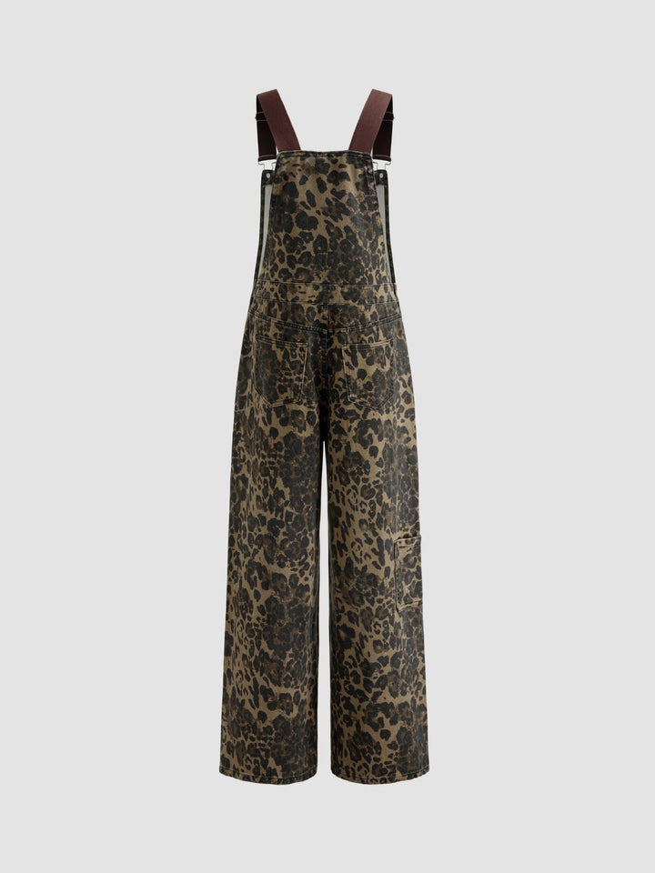 Wide-Leg Denim Jumpsuit with Buckle Closure and Leopard-Print Pocket