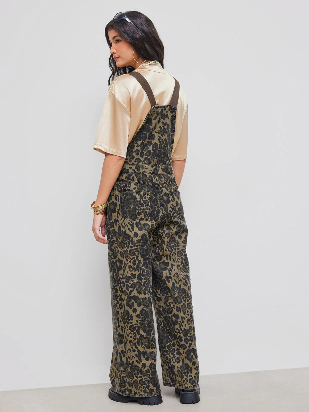 Wide-Leg Denim Jumpsuit with Buckle Closure and Leopard-Print Pocket