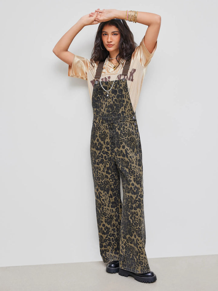 Wide-Leg Denim Jumpsuit with Buckle Closure and Leopard-Print Pocket