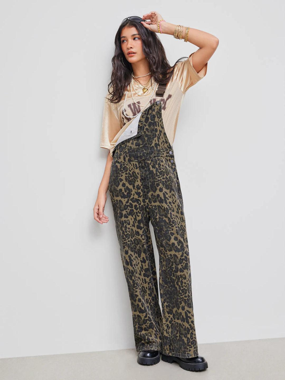 Wide-Leg Denim Jumpsuit with Buckle Closure and Leopard-Print Pocket