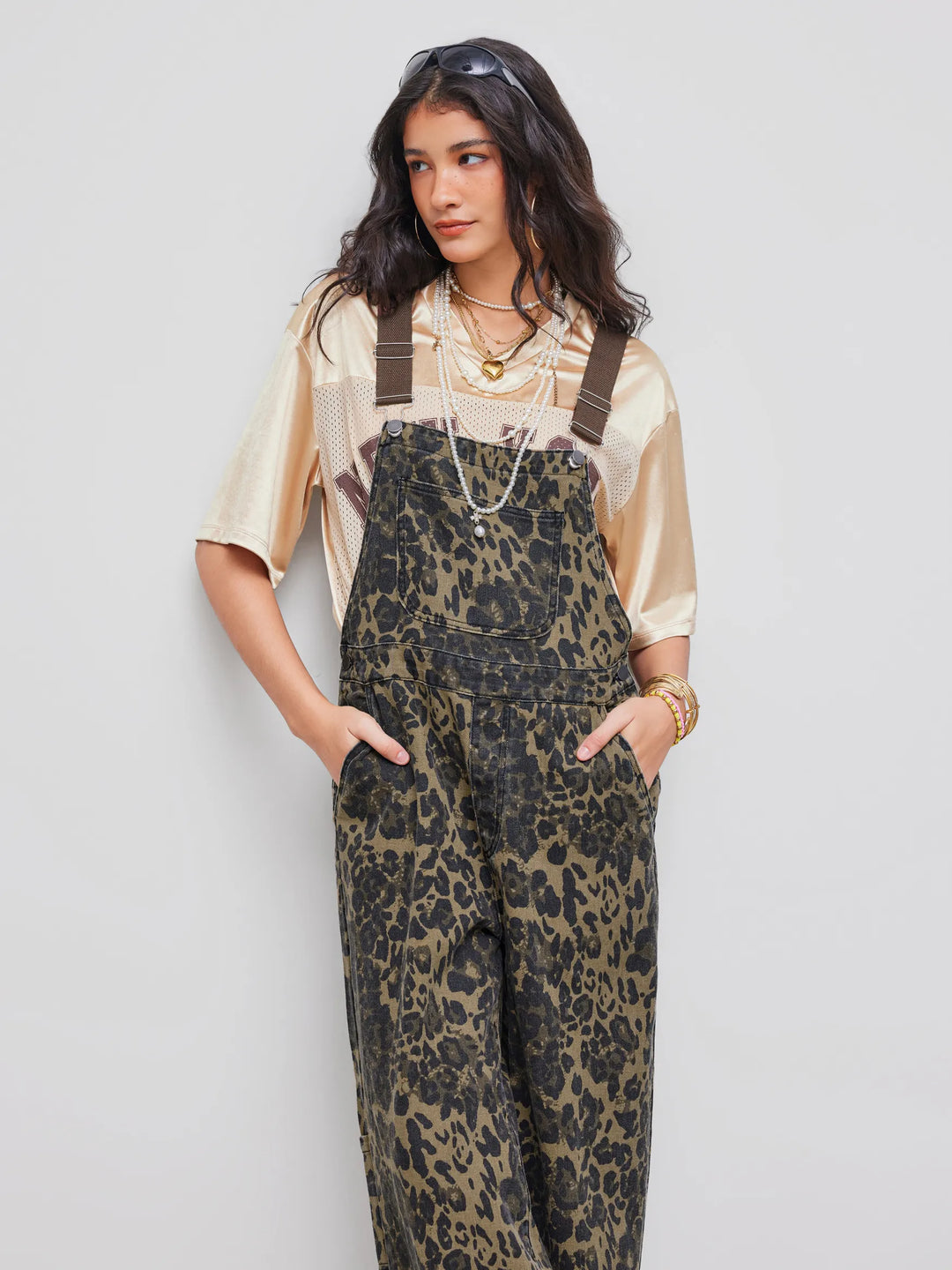 Wide-Leg Denim Jumpsuit with Buckle Closure and Leopard-Print Pocket