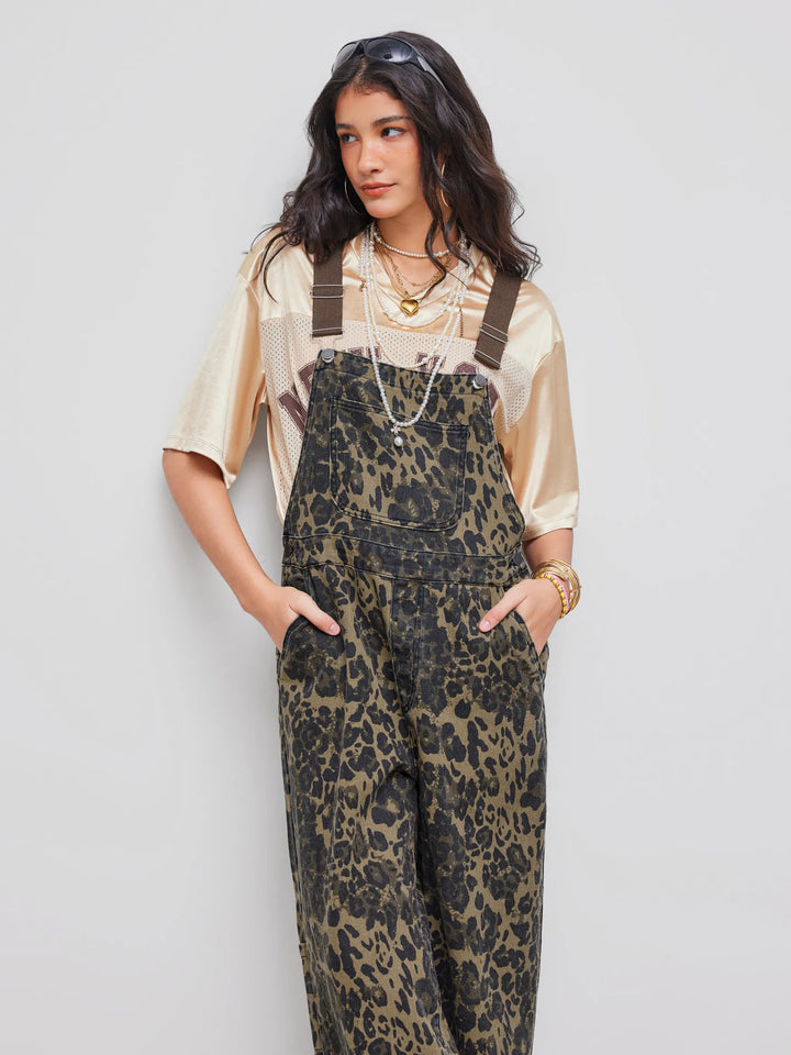 Wide-Leg Denim Jumpsuit with Buckle Closure and Leopard-Print Pocket