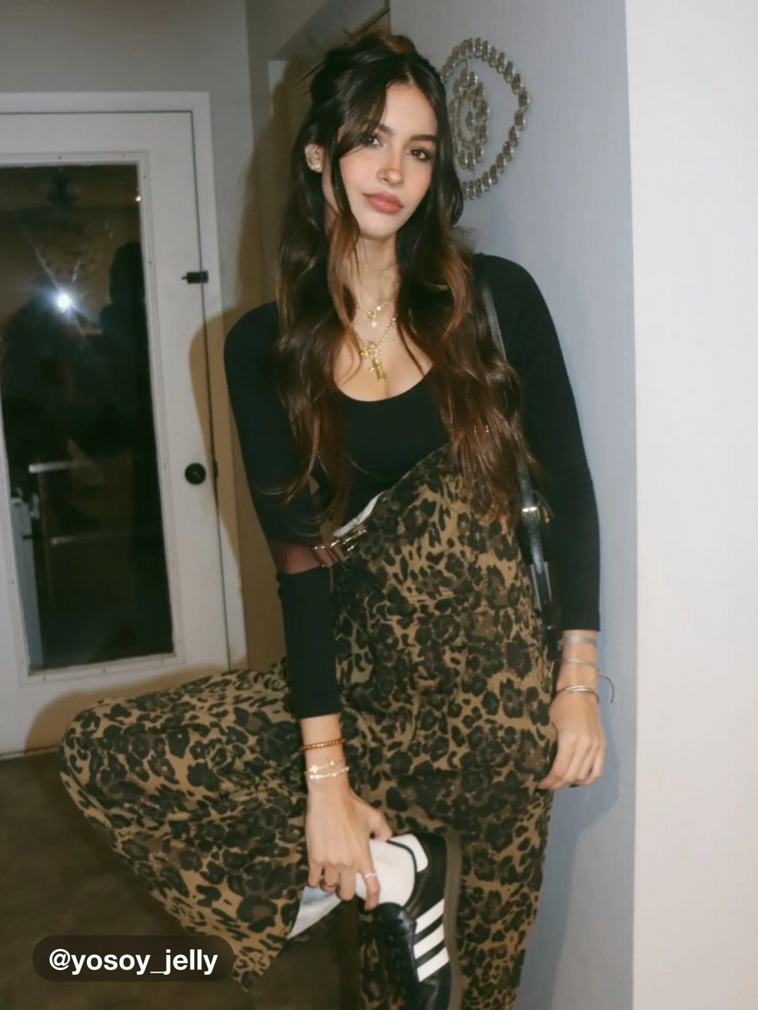 Wide-Leg Denim Jumpsuit with Buckle Closure and Leopard-Print Pocket