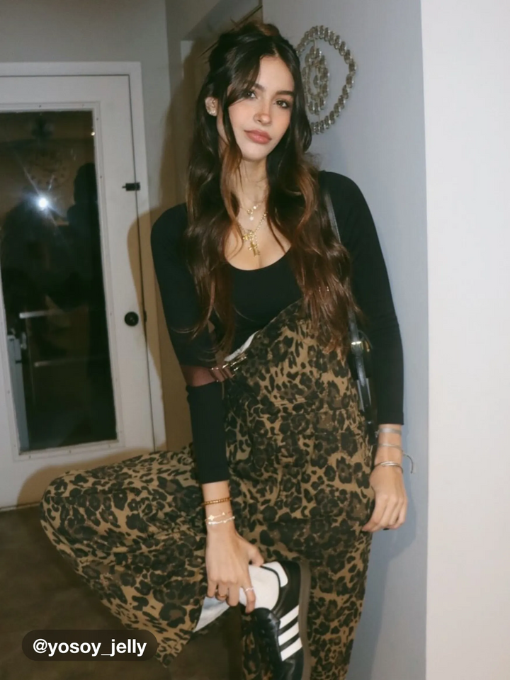 Wide-Leg Denim Jumpsuit with Buckle Closure and Leopard-Print Pocket